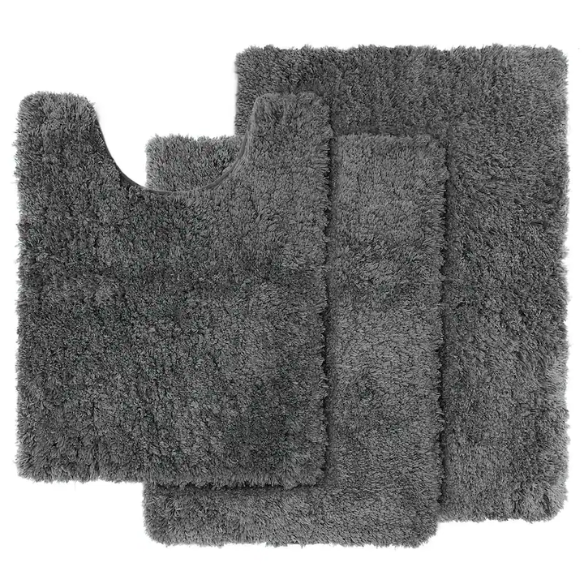 Dark Grey Shaggy Bath Rug Set – Ultra-Soft Microfiber Non-Slip Bathroom Mat with Rubber Backing (2 or 3-Piece Set)