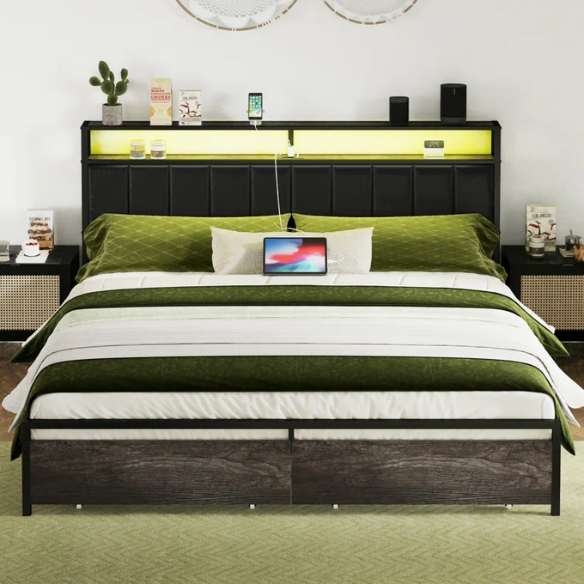 Modern LED King Size Bed Frame with Storage Drawers and Built-in Charging Station