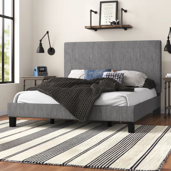 Solid Colored Linen Upholstered Queen Size Standard Bed