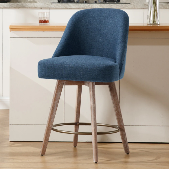Modern Counter Height Swivel Bar Stool – Upholstered Faux Leather/Polyester Blend Seat, Solid Beech Wood Frame, Ergonomic High Back, Bronze Metal Footrest, 300lb Capacity for Kitchen, Bar, or Pub