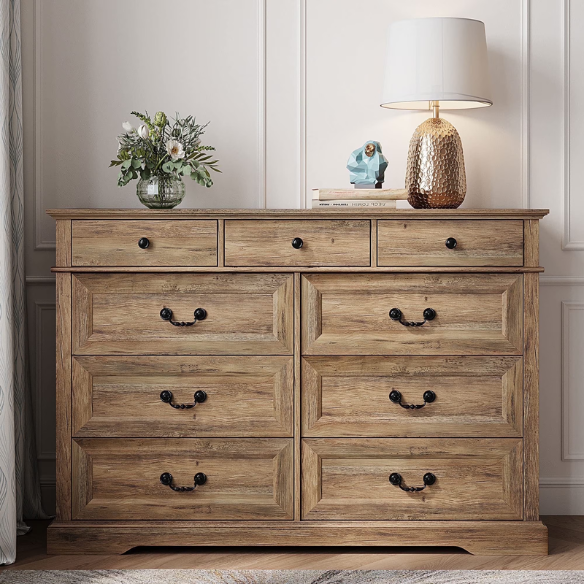 Rustic Modern 9-Drawer 53.5'' Double Dresser with Inset Paneling, Crown Molding, and Customizable Metal Handles