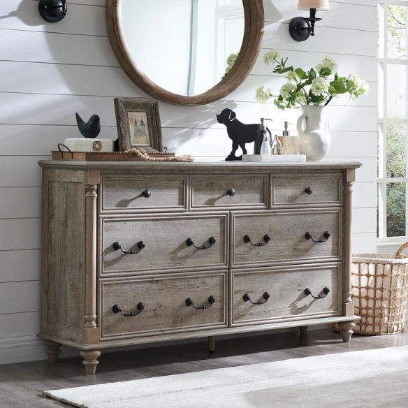 Farmhouse 7-Drawer Rustic Dresser with Two Drawer Sizes, Perfect for Bedroom or Living Room Storage