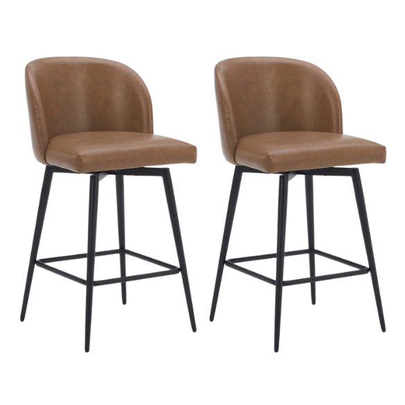 Set of 2 Counter Height Swivel Barstools – Mid-Century Modern Design, Padded Seat with High-Density Foam, 360° Swivel, Sturdy Iron Base, Footrest for Kitchen or Bar