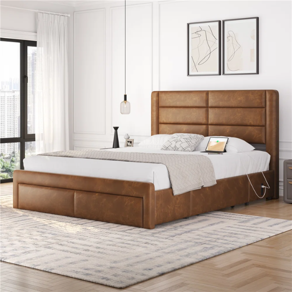King Size Vegan Leather Metal Platform Storage Bed with 3 Drawers, Tufted Headboard, and Built-In USB Ports – Modern Design for Ultimate Comfort and Convenience