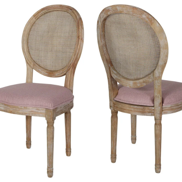 Light Blush Upholstered Dining Chairs with Wicker Back and Distressed Natural Wood Legs (Set of 2) – Farmhouse French Country Accent Seating