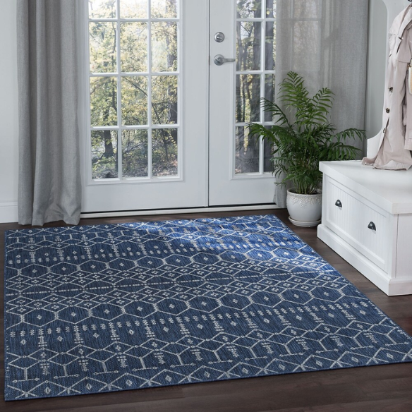 Boho-Inspired Navy & Grey Geometric Rug – Fade & Stain-Resistant, Low-Pile, Perfect for High-Traffic Indoor/Outdoor Spaces
