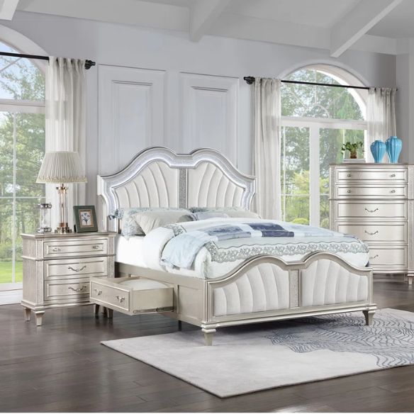 5-Piece Queen Bedroom Set with Silver Oak Finish, LED Lighting, Crystal Accents, and Built-In Storage – Includes Bed, Nightstand, Dresser, Mirror, and Chest