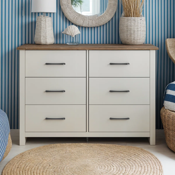 Modern 6-Drawer Double Dresser with Flared Feet and Sleek Black Metal Handles