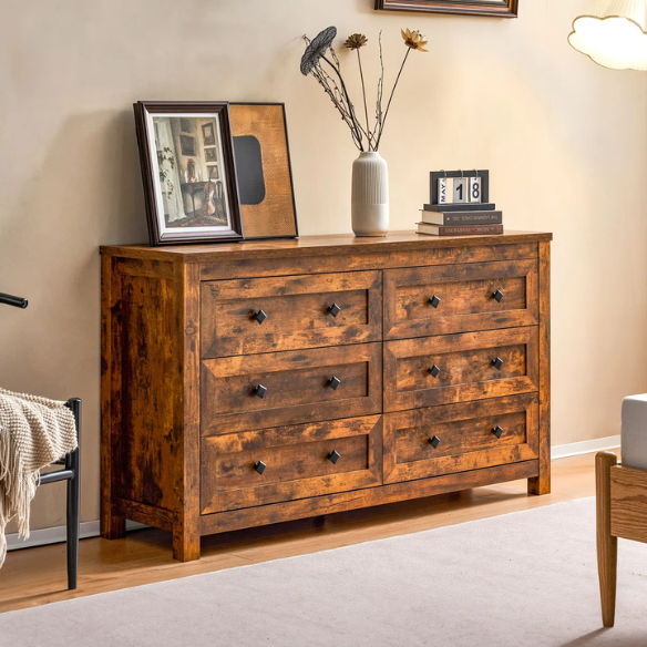 6-Drawer Dresser – A Perfect Blend of Rustic Charm and Industrial Elegance, Featuring a Clean-Lined Silhouette and Weathered Finish. Crafted from Solid and Engineered Wood