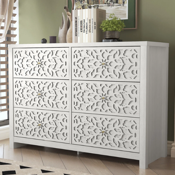 Boho-Inspired 45.4" 6-Drawer Dresser with Distressed Finish and Openwork Floral Details