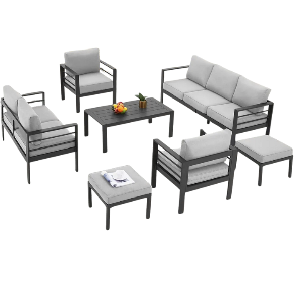 Modern Outdoor Patio Furniture Set | 7-Piece Conversation Set with Coffee Table and Cushions | Ideal for Balcony, Porch, and Lawn