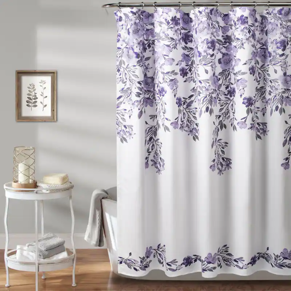 Purple and Grey Floral Vine Shower Curtain – Shabby Chic Farmhouse Style, 72" x 72"