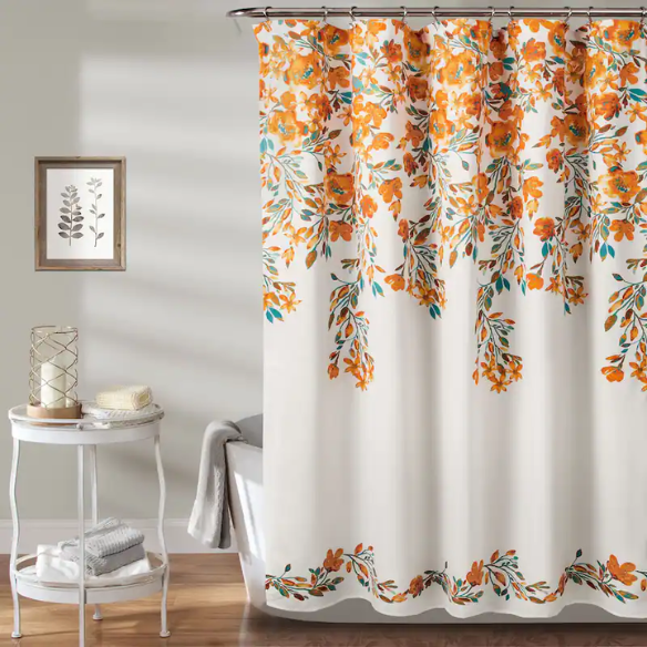 Orange and Teal Floral Vine Shower Curtain – Shabby Chic Farmhouse Elegance, 72" x 72"