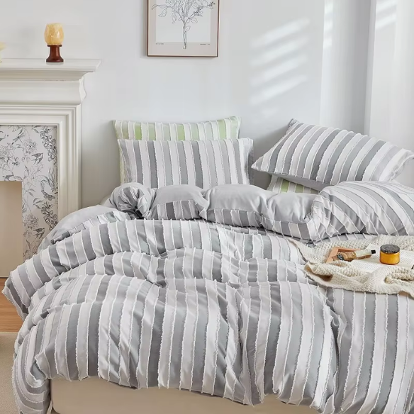 Luxurious Tufted Duvet Cover Set – Queen Size | Striped Textured Boho Bedding | Ultra-Soft Washed Microfiber | 3-Piece Set