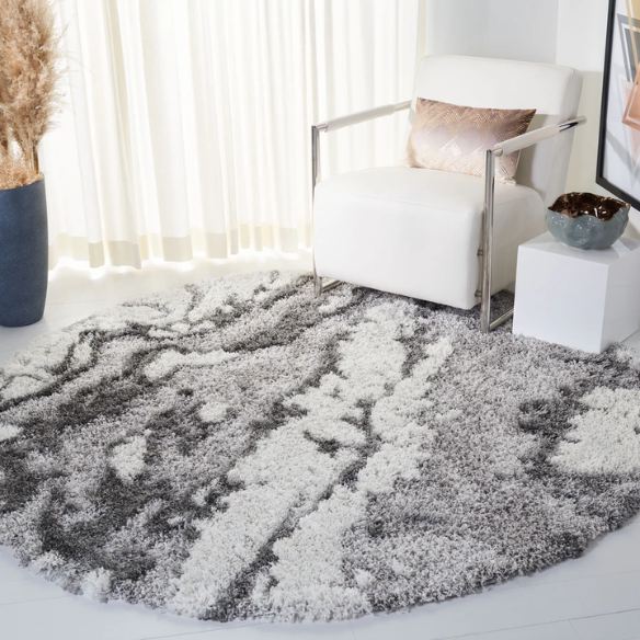 Plush Abstract Grey & Ivory Pattern Shag Rug