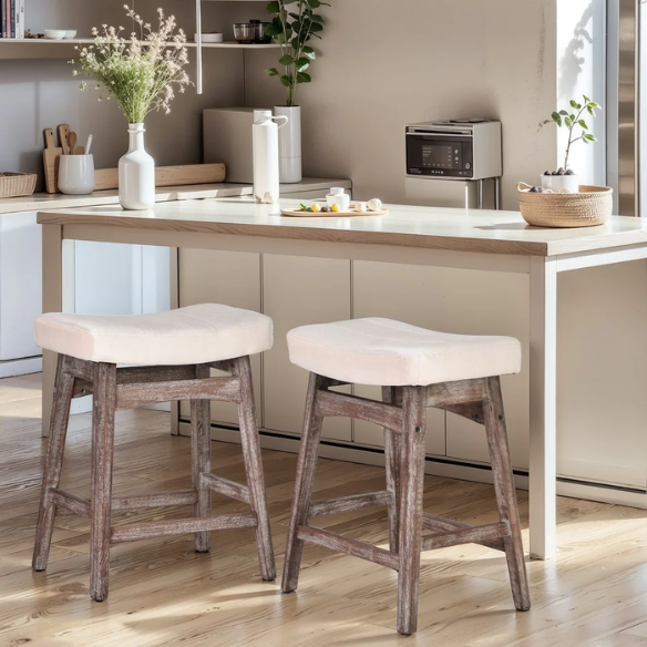 24-Inch Solid Wood Barstools with Linen/PU Leather Fabric Cushion – Set of 2 Backless Saddle Seat Counter Stools for Modern Living