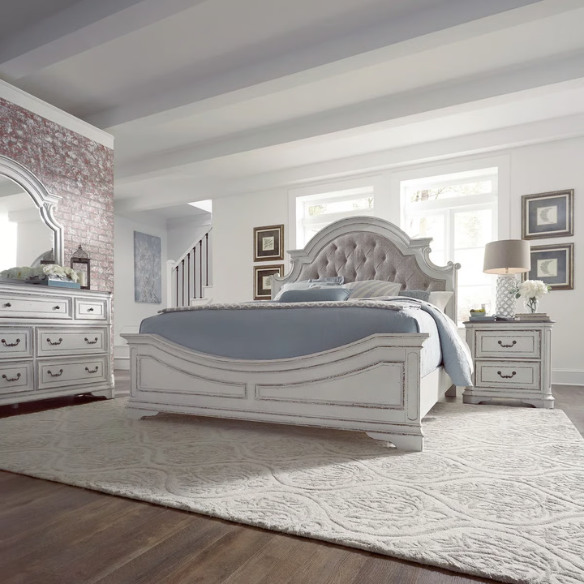 Upholstered Bed, Dresser, Mirror, and Nightstand Set in Antique White – Timeless Elegance, Refined Craftsmanship, and Distinctive Style