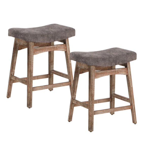 24-Inch Solid Wood Barstools with Linen/PU Leather Fabric Cushion – Set of 2 Backless Saddle Seat Counter Stools for Modern Living