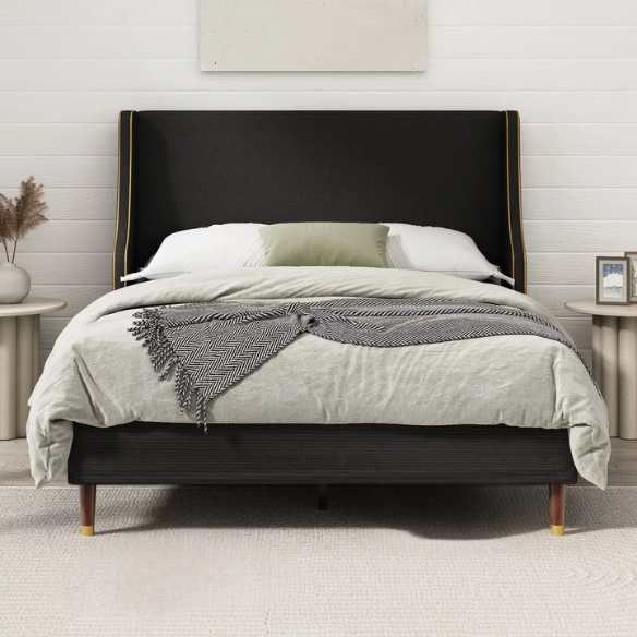 Elegant Linen Wingback Upholstered Platform Bed Frame – Luxurious Full Double Size Design with Gold Piping, Sturdy Support, and Effortless Assembly