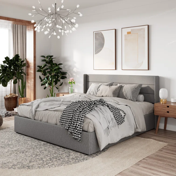 Modern King Size Upholstered Platform Bed with Hydraulic Lift Storage – Sleek Grooved Headboard, Space-Saving Design, and No Box Spring Needed