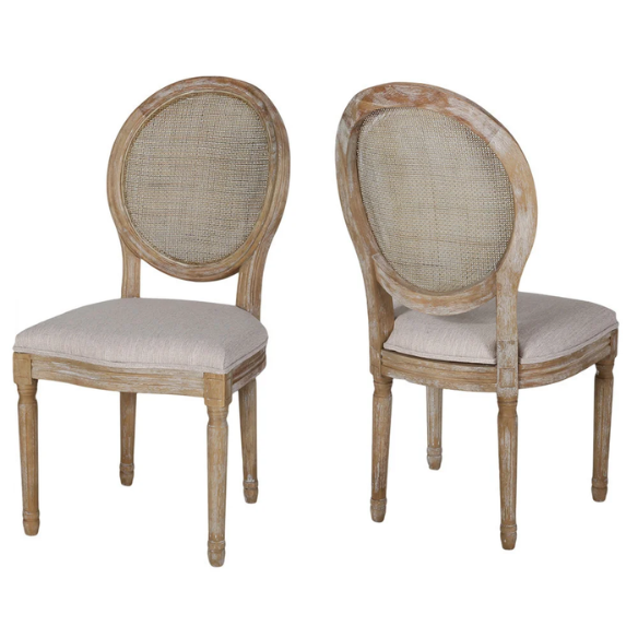 Beige Upholstered Dining Chairs with Natural Wood Frame and Wicker Backrest (Set of 2)