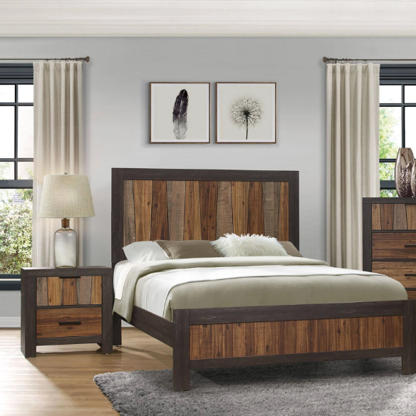 3-Piece Dark Ebony and Rustic Mahogany Modern Panel Bedroom Set – Embossed Faux-Wood Veneer, Rich Acacia Tones, and Dark Metal Hardware
