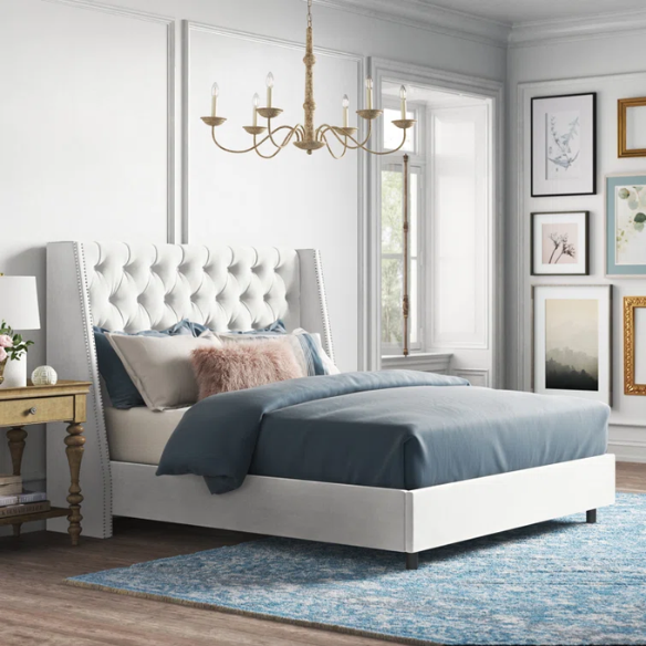 Chic Upholstered Wingback King Size Bed with Button Tufting and Nailhead Trim