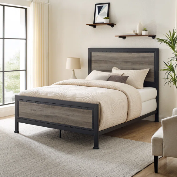 Rustic Industrial Queen Size Bed with Wood-Look Center – Sturdy and Stylish Design
