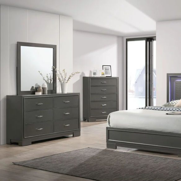 Contemporary 6-Piece Queen Bedroom Set in Solid Grey with LED-Illuminated Headboard, Textured Panels, and Eco-Friendly Rubberwood Construction