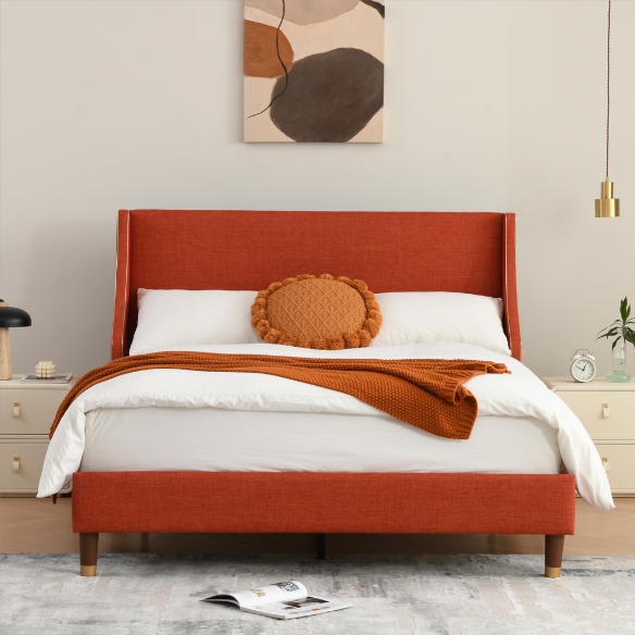 Elegant Linen Wingback Upholstered Platform Bed Frame – Luxurious Full Double Size Design with Gold Piping, Sturdy Support, and Effortless Assembly