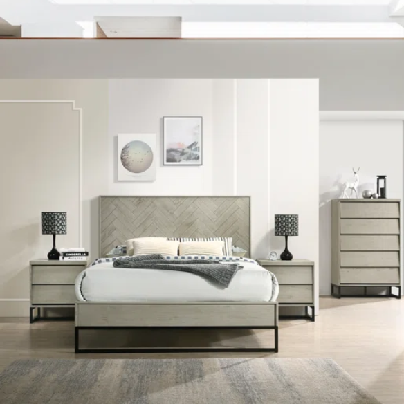 Industrial Mid-Century Modern Platform Bedroom Set with Herringbone Design Headboard – Stylish and Versatile