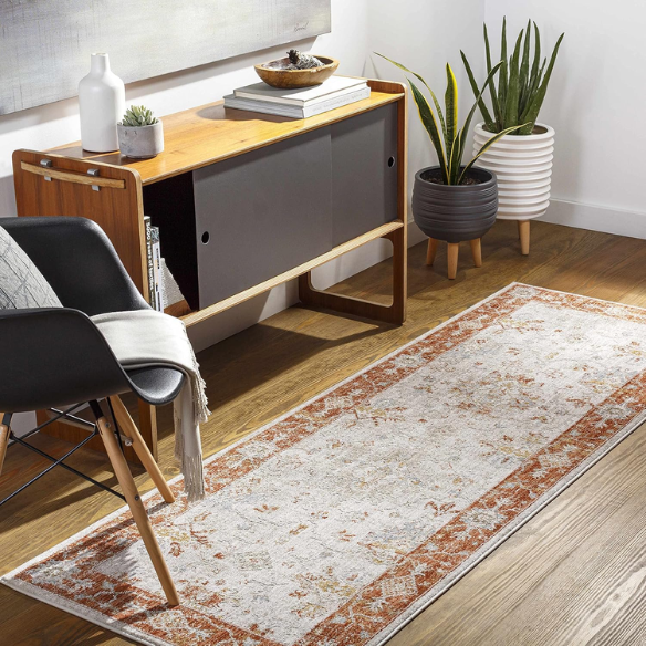 Elegant Oriental Rug – Stain-Resistant, High-Low Pile, Machine Woven with Fringed Detailing