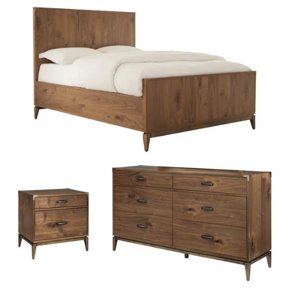 Timeless Traditional Solid Wood 3-Piece Configurable Bedroom Set in Natural Walnut with Sleek Panel Bed, 2-Drawer Nightstand, and 6-Drawer Dresser for Effortless Style and Organization