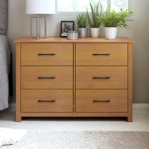 Modern 6-Drawer Double Dresser with Flared Feet and Sleek Black Metal Handles