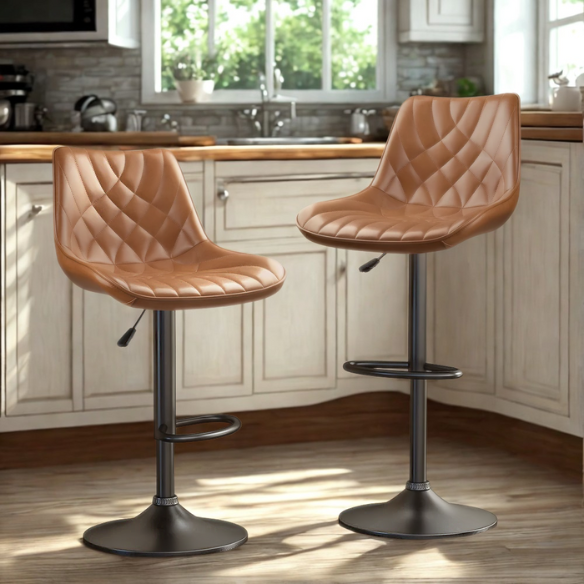 Set of 2 Adjustable Height Swivel Bar Stools with Back – Mid-Century Modern Design, Polished Chrome Base, Ergonomic Imitation Leather Seat, 360° Rotation for Kitchen Island or Bar