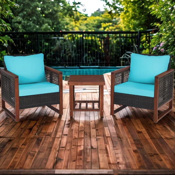 3-Piece Patio Wicker Furniture Set | Rattan Outdoor Sofa with Washable Cushions and Acacia Wood Coffee Table | Perfect for Garden and Backyard