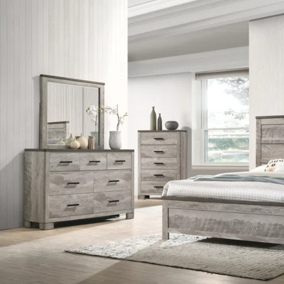 Coastal Farmhouse-Inspired King Size Bedroom Set: Distressed Whitewash Finish with Natural Brown Accents – Includes Platform Bed, 2-Drawer Nightstand, 7-Drawer Dresser with Mirror, and Optional 5-Drawer Chest for Complete Storage Solution