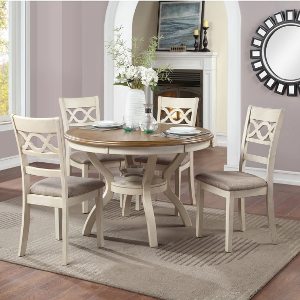 5-Piece Dining Set – Modern Farmhouse Round Table with Curvy Legs & X-Cross Chair Detail