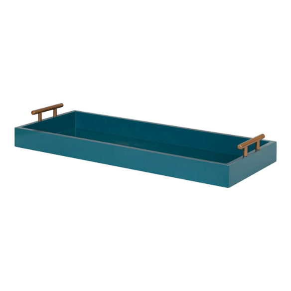 Sleek and Sophisticated Long Rectangular Serving Tray – High Gloss Wood with Polished Metal Handles, Perfect for Entryway, Vanity, or Coffee Table