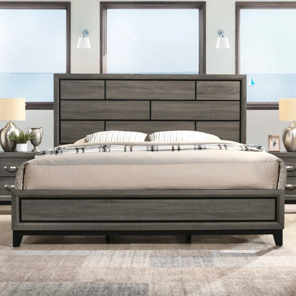 Rustic Cabin-Inspired 5-Piece Queen Bedroom Set with Carved Wood Panel Bed, Metal Hardware, and Dark Gray Brushed Finish