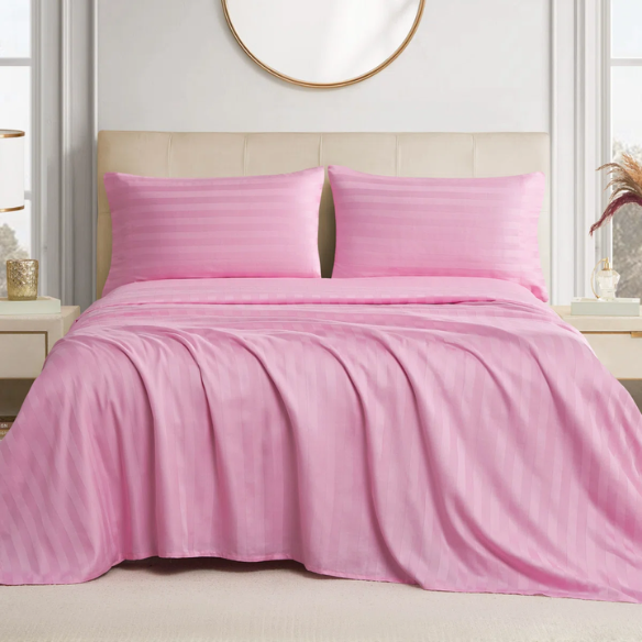 4-Piece Luxury Bed Sheet Set – Fitted & Flat Sheets with Pillowcases | Solid Stripe Bedding for Twin, Full, Queen, King Sizes