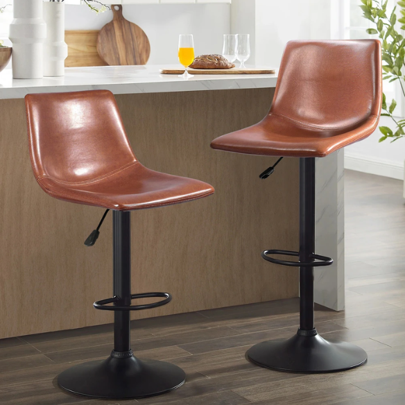 Set of 2 Adjustable Height Swivel Bar Stools with Back – Mid-Century Modern Design, Polished Chrome Base, Ergonomic Imitation Leather Seat, 360° Rotation for Kitchen Island or Bar