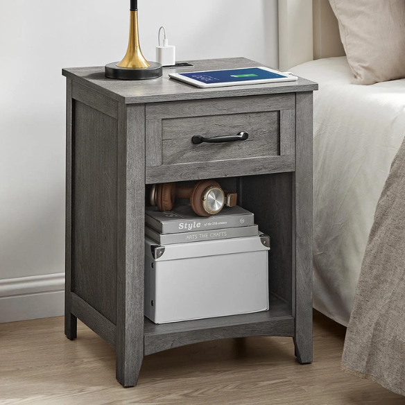 Farmhouse-Style Nightstand with Built-In Charging Station – Engineered Wood, Spacious Top, Drawer & Open Compartment, Matte Black Metal Handle, USB-A & USB-C Ports, AC Outlets, Ideal for Bedroom or Living Room