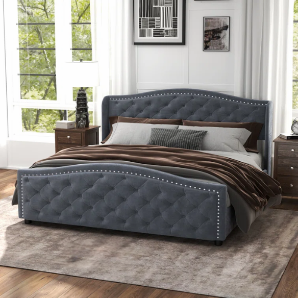 Luxurious King Size Velvet Upholstered Platform Bed with Tufted Camelback Headboard, Nailhead Trim, and 4 Built-In Storage Drawers – Stylish and Functional Bedroom Upgrade
