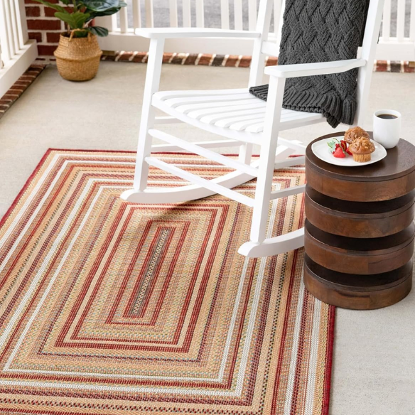 Coastal-Inspired Geometric Rug – Fade & Stain-Resistant, Burgundy,Ivory,Orange,Green,Blue Pattern, Ideal for Indoor/Outdoor Use