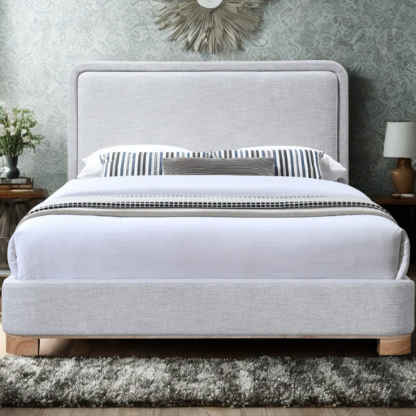 Luxurious Linen Textured Fabric King Size Upholstered Panel Bed with Solid Wood Base