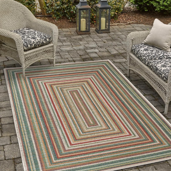 Coastal-Inspired Geometric Rug – Fade & Stain-Resistant, Green & Orange Pattern, Ideal for Indoor/Outdoor Use