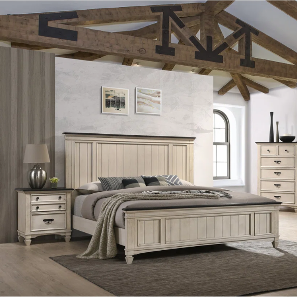 Elegant Cream & Brown 6-Piece Queen Panel Bedroom Set – Solid Wood Bed, Dresser, Mirror, 2 Nightstands, and Chest with Ample Storage
