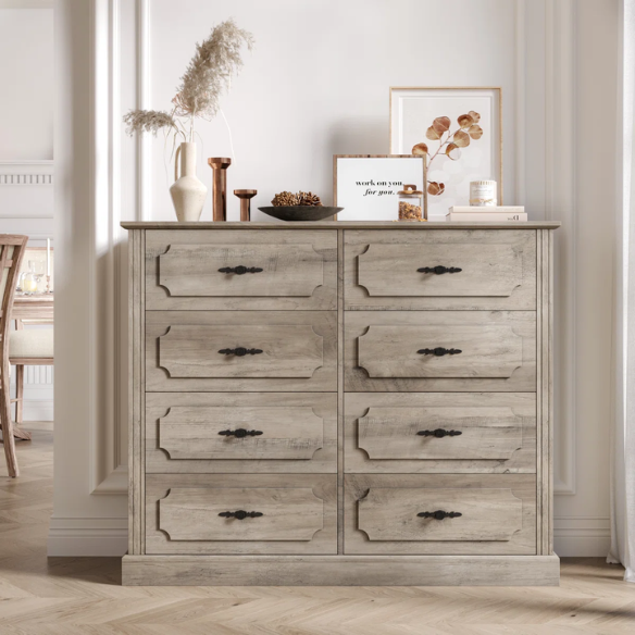 Classic Modern 8-Drawer Double Dresser with Picture Frame Paneling, Decorative Black Metal Handles, and French Country Style
