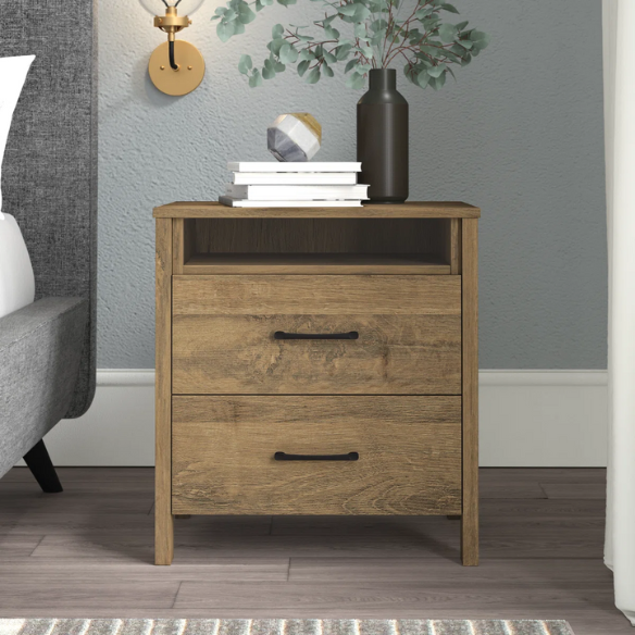 22.7" 2-Drawer Nightstand – Space-Saving Modern Minimalism, Engineered Wood with Clean-Lined Silhouette, Neutral Finish, Open Cubby & 2 Spacious Drawers for Bedroom Storage, Ideal for Tech & Accessories